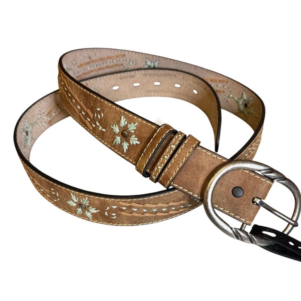 Natural Reflections Embroidered & Whipstitch Leather Belt Light Brown XL